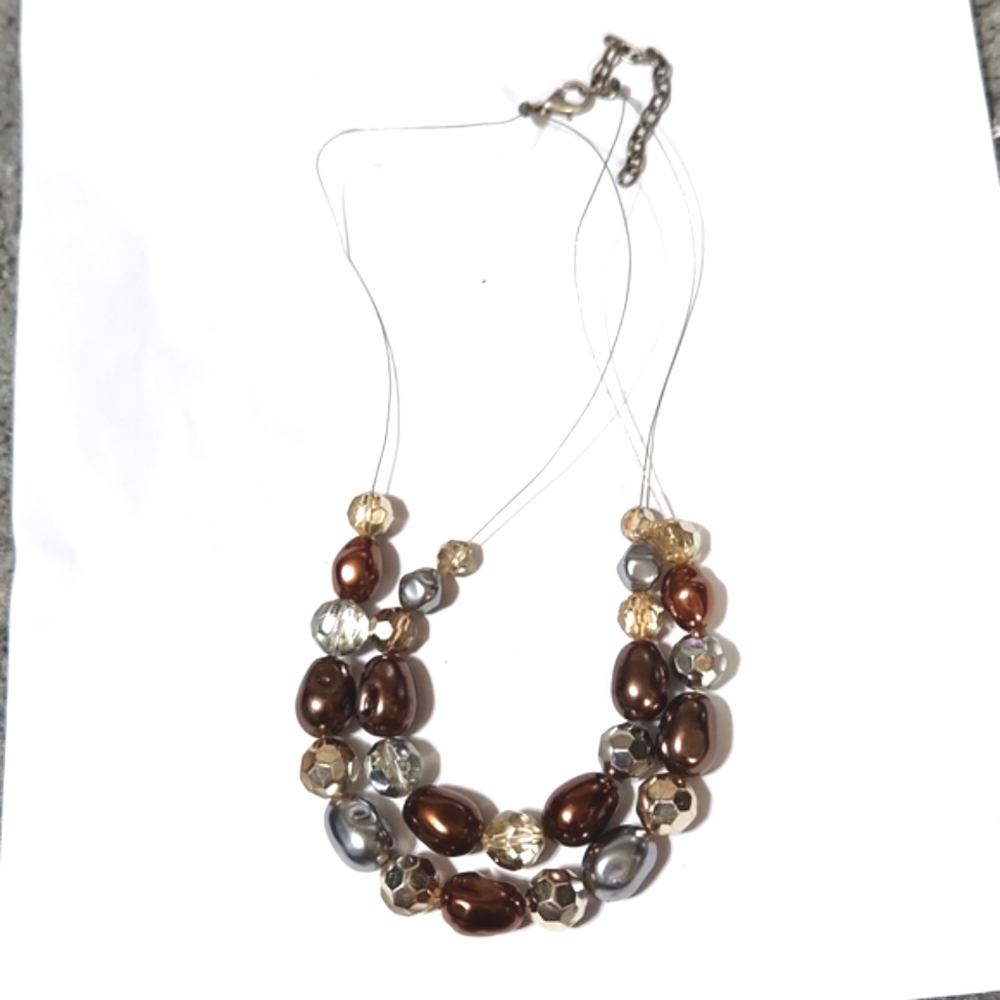 Thin wire brown crystal pearly bead necklace vintage